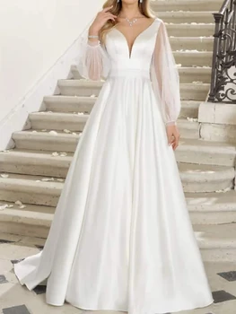 Элегантные длинные свадебные платья А-силуэта, V-образный вырез, длина до пола, атласное тюлевое платье с длинным рукавом, простое свадебное платье с карманами