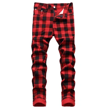 2024 Новые джинсовые брюки с принтом в красную клетку, мужские Модные Облегающие джинсы-стрейч, высококачественные повседневные прямые брюки большого размера