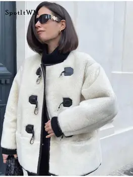 Осенняя теплая куртка из овечьего плюша, женское элегантное пальто с круглым вырезом и роговыми пуговицами с длинным рукавом, зимняя повседневная женская верхняя одежда 2023 года, Утепленная Верхняя одежда