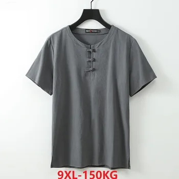 летняя льняная футболка Мужские футболки в китайском стиле С коротким рукавом Tang suit плюс размер 5XL 7XL 8XL 9XL oversize футболка свободная 66 68 70 синий