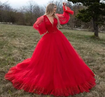 2021 Высококачественное свадебное платье в стиле Бохо с пышными рукавами, Красные аппликации, свадебные платья с открытой спиной, Длинное Vestido De Noiva
