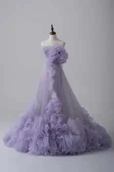 Новые вечерние платья трапециевидной формы фиолетового цвета, Vestidos, без бретелек, без рукавов, с 3D цветами, Многоуровневые, с рюшами, из тюля, С рюшами, Длинные Вечерние платья