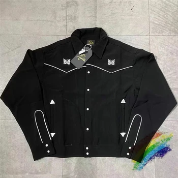 Черная куртка с иглами Для мужчин и женщин 1: 1, высококачественные винтажные куртки с вышитым логотипом в виде бабочки, иглы, пальто с капюшоном, внутренняя бирка, этикетка
