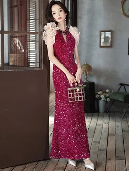 Розово-красные вечерние платья с блестками для свадебной вечеринки, Элегантные женские платья для помолвки длиной до пола с круглым вырезом, 2023