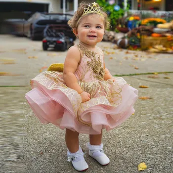 Роскошные блестящие детские вечерние платья Многослойное бальное платье для девочек, платье принцессы с цветочными аппликациями, платье для маленьких девочек