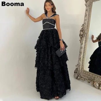 Booma/ Черные платья для выпускного вечера трапециевидной формы, расшитые бисером, многоуровневые женские вечерние платья с 3D цветами, платья для официальных мероприятий, длинное праздничное платье