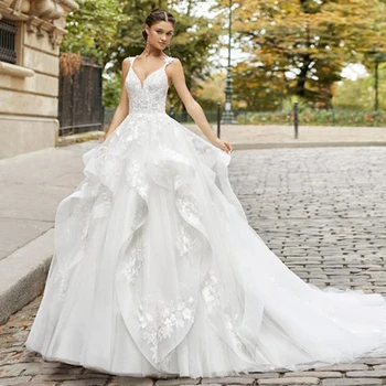 LaBoum, Богемное белое свадебное платье с V-образным вырезом, аппликации, кружевной шлейф, Тюль, Платье с открытой спиной, Vestidos De Novia, Выполненное на заказ, Многоуровневое