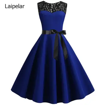 Синее кружевное летнее платье в стиле пэчворк, женское элегантное винтажное вечернее платье, повседневное офисное женское рабочее платье