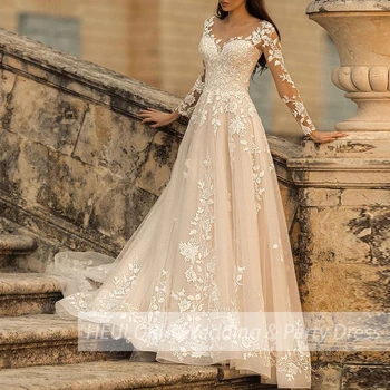 Свадебные платья с длинным рукавом, большие размеры, бальное платье невесты, платье принцессы robe de mariee, кружевная аппликация, свадебное платье на шнуровке, Свадебное платье для новобрачных