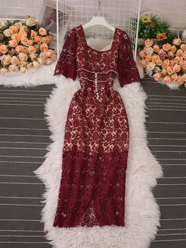 Летнее Женское Длинное платье-футляр с кружевным бисером, элегантный Квадратный воротник, Короткий рукав, Высокая талия, облегающий Макси-халат, Винтажный Новый