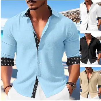 2023 Летняя Модная Мужская Гавайская льняная рубашка, Мужская Повседневная Пляжная рубашка С принтом в виде Заплаты и длинным рукавом, 4 Цвета, 4XL, Мужские Рубашки
