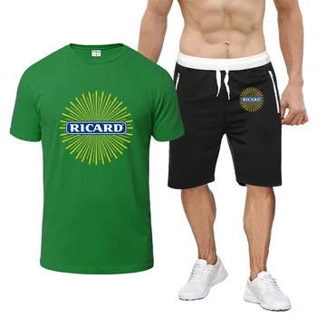 2023 Летние мужские Популярные хлопковые спортивные костюмы Ricard с логотипом, повседневные топы с круглым вырезом и коротким рукавом + спортивные брюки, однотонный комплект