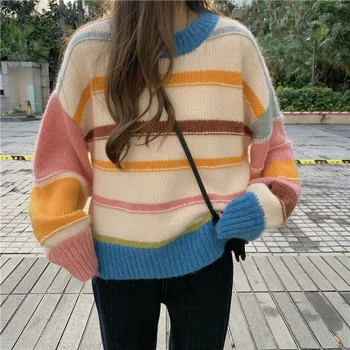 Свободный вязаный свитер в радужную полоску, пуловер, женские дизайнерские свитера в мелкую полоску, осенне-зимний свитер с круглым вырезом, топ