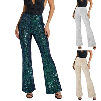 Женские брюки-клеш Y2k с эластичной талией и пайетками для похудения, блестящие Прямые женские брюки для уличных танцев Полной длины, Новые