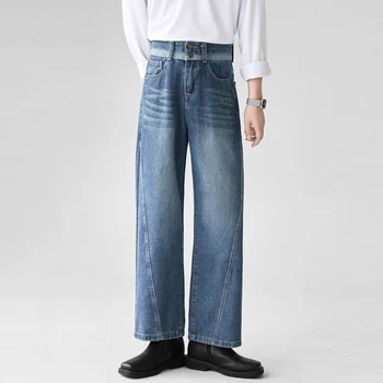 FEWQ Корейские Дизайнерские джинсы с высокой Талией Свободного Кроя, Прямые Широкие Брюки Контрастного цвета 2023, Мужские Брюки 24X4204