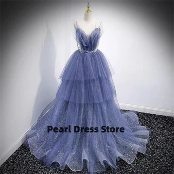 Роскошное платье трапециевидной формы из блестящего синего тюля для торжественного мероприятия, бала