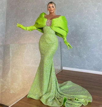 Уникальный дизайн, вечернее платье Русалки, Блестящие зеленые блестки, вечерние платья с открытыми плечами, платья для выпускного вечера без перчаток