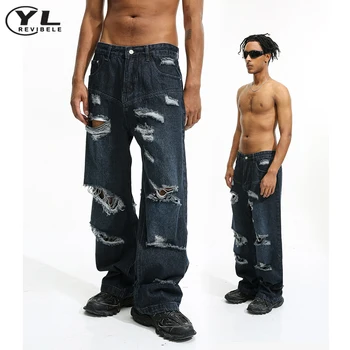 Винтажные джинсы с мешковатыми дырками, мужские джинсовые брюки с широкими штанинами в стиле хип-хоп, мужские повседневные Прямые ковбойские брюки в стиле Харадзюку с кисточками