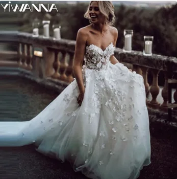 Сексуальное платье с V-образным вырезом и открытой спиной для невесты, изящные аппликации, свадебное платье с 3D цветами, свадебное платье в стиле бохо трапециевидной формы длиной до пола