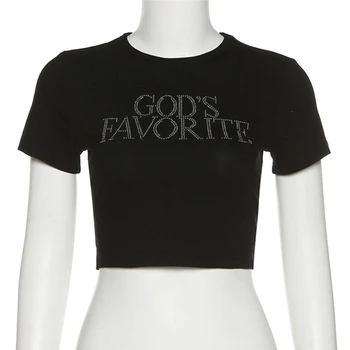 Женские футболки с коротким рукавом до пупка, обтягивающий топ со стразами и забавным буквенным принтом