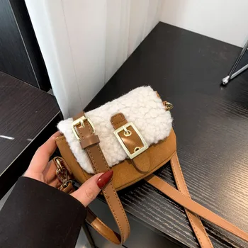 Маленькая сумка из оленьей кожи, сшитая из шерсти ягненка, европейская и американская модная сумка через плечо Ins Mini Lipstick Bag 2023