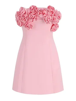 Женское Элегантное Роскошное Розовое платье без бретелек с 3D Цветочной шнуровкой, сексуальное Облегающее Мини-платье без спинки, вечернее платье для вечеринки по случаю Дня Рождения