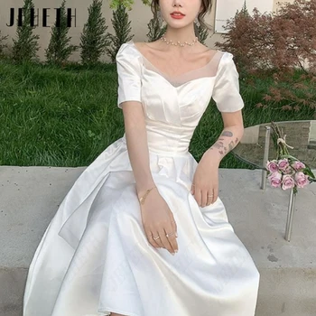Корейские свадебные платья JEHETH Pleat с короткими рукавами, Атласные Простые свадебные платья трапециевидной формы, Элегантные Vestidos De Novia Чайной длины