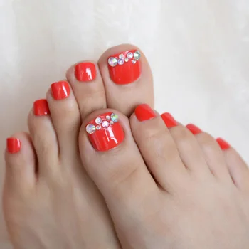 Стразы 3D Holo AB 24шт Красных накладных ногтей на ногах Набор французских накладных ногтей на ногах с полным покрытием для украшения маникюра своими руками
