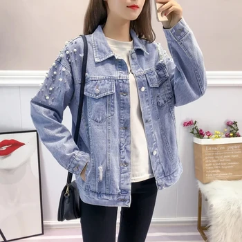 Весенне-осенняя Корейская модная Женская рваная джинсовая куртка нового стиля для студентов, свободная и тонкая, расшитая бисером бабочка, рваная джинсовая куртка, модная джинсовая куртка
