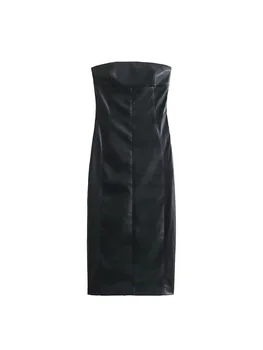 Женские миди-платья из искусственной кожи TRAF 2023, модное длинное платье с открытыми плечами для женщин, винтажное сексуальное вечернее платье без рукавов