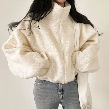2023 Новая зимняя куртка из овечьей шерсти, модный Свободный топ на молнии с воротником-стойкой, одежда в стиле харадзюку, однотонные Плюс бархатные куртки для женщин