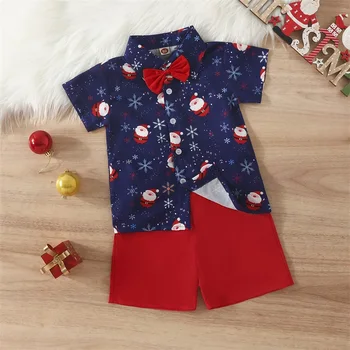 Рождественская одежда для мальчиков, джентльменский комплект, рубашка с принтом Санта-Клауса, шорты с короткими рукавами и пуговицами, костюм для малышей