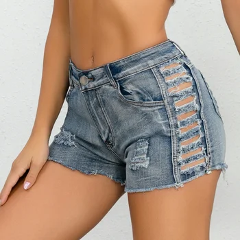 Сексуальные женские джинсовые шорты с высокой талией, летняя мода 2024, джинсовые шорты с дырками, женские узкие, очень короткие джинсовые шорты
