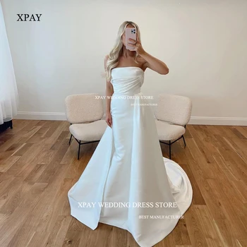 XPAY Элегантные атласные свадебные платья со съемным шлейфом и складками без бретелек Простые свадебные платья Vestido de novia на заказ