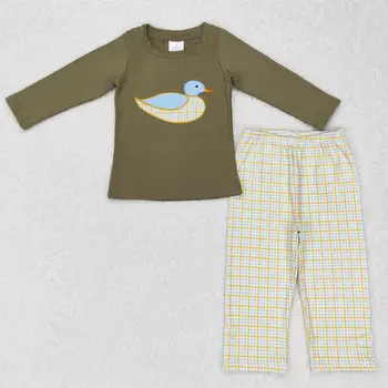 Оптовая Продажа, Пуловер с длинными рукавами и вышивкой в виде уток, Рубашка, Детские брюки, Клетчатые брюки, Комплект одежды Для малышей