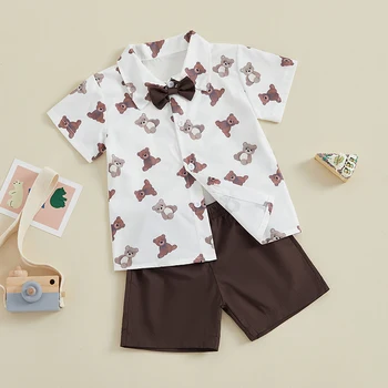Одежда для маленьких мальчиков из 2 предметов Для джентльменов, Рубашка с короткими рукавами и принтом Медведя, Галстук-бабочка, Шорты, Комплект Летней Одежды для малышей
