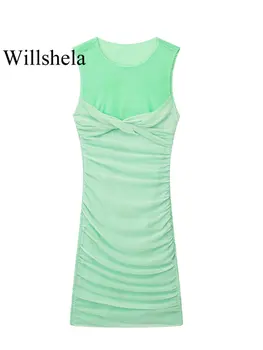 Willshela/ Женское модное тюлевое зеленое мини-платье с застежкой-молнией сбоку в стиле пэчворк, винтажные женские шикарные платья без рукавов с круглым вырезом