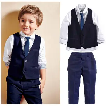 Новый детский костюм для мальчиков со смокингом, рубашка, жилет, брюки с галстуком, Официальные наряды, Комплект одежды