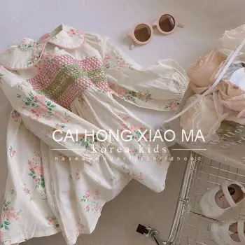 Повседневные платья для девочек Корейская мода с фрагментированными цветами, Длинный пышный рукав, детская одежда с принтом, плиссированная Повседневная эластичная