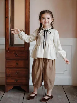 Модная хлопковая рубашка для маленьких девочек, топ с длинными рукавами, Винтажная Корейская весенне-осенняя детская элегантная рубашка принцессы, Детская одежда от 1 до 10 лет