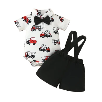 Комплект Джентльменских шорт для младенцев и мальчиков, комбинезон с бабочкой и принтом в виде грузовика, короткий рукав, топ, шорты на подтяжках, комплект из 2 предметов