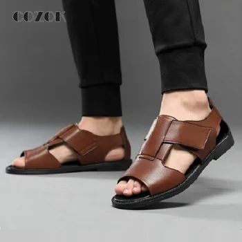 Мужские сандалии, мужская обувь, новые модные кожаные туфли в римском стиле, черные, коричневые, летние Удобные гладиаторские
