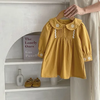 Повседневные осенние платья для маленьких девочек, Желтые платья трапециевидной формы в полоску с цветочным принтом, рубашки с воротником 
