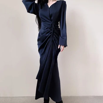 SuperAen 2024, Корейское шикарное Осеннее Французское платье Pure Desire с V-образным вырезом и завязками на талии, платье-русалка