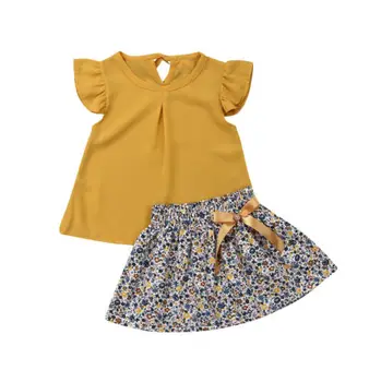 Модная одежда для девочек, рубашка без рукавов с цветочными оборками, топы + юбка, комплекты из 2 предметов, одежда