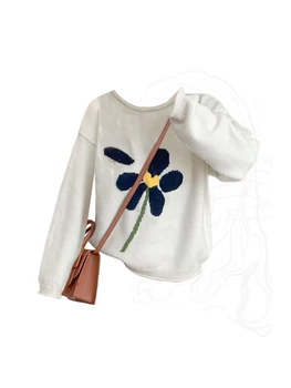 Модный шикарный Пуловер с цветочной вышивкой, Винтажный мешковатый свитер с круглым вырезом и длинным рукавом Mori Girl, Богемная уличная одежда Y2K Осень-Зима