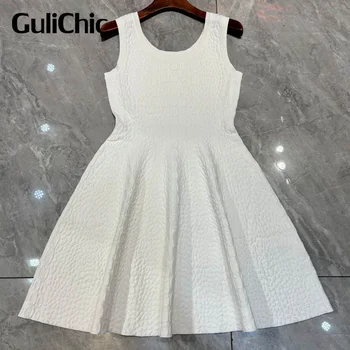 1.3 GuliChic Fashion 3D Croc Жаккардовое мини-платье для женщин 2024, Высококачественные Элегантные трикотажные платья без рукавов, тонкие и расклешенные, женские
