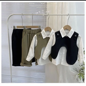 Комплект из 3 предметов, Весенний комплект одежды для мальчиков 2023, повседневный жилет + топ + брюки для маленьких мальчиков, корейская дизайнерская одежда 2-10 лет