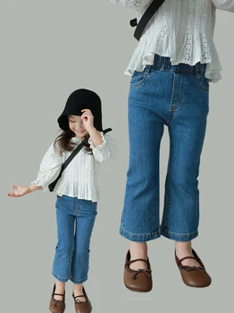 Расклешенные джинсы для девочек, эластичные джинсовые брюки с высокой талией, приталенные от 1 до 9 лет, стильные базовые Леггинсы длиной до щиколотки, детские брюки-клеш