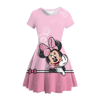 2023 Новое платье для девочек Disney с принтом Микки Мауса и Минни, Круглый вырез, платье принцессы с коротким рукавом, Повседневная юбка с мультяшным Рисунком